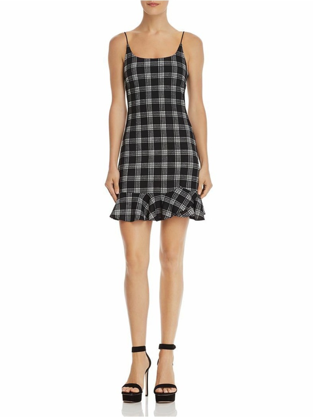 Aqua Black & White Plaid Spaghetti-Strap Ruffle-Hem Dress